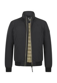 Schwarze Bomberjacke mit durchgehendem Reißverschluss, gerippten Bündchen und einer gesteppten, beigefarbenen Fütterung. Mit seitlichen Taschen und einem Logodetail am Ärmel.