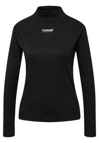 Zwarte geribbelde langwerpige top met een opstaande kraag. Heeft een wit logo op de borst, biedt een aansluitende silhouette en een soepele textuur.