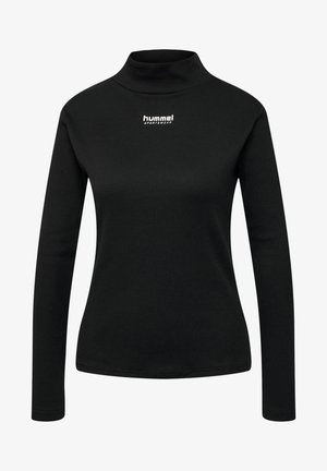 Svart ribbade långärmade topp med hög hals. Har en vit logotyp på bröstet och erbjuder en figurnära silhuett och slät textur.