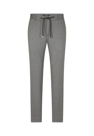 Pantaloni della tuta grigi realizzati in tessuto morbido, dotati di vita con cordoncino, vestibilità slim e polsini elasticizzati alle caviglie. Design minimalista senza fantasie.