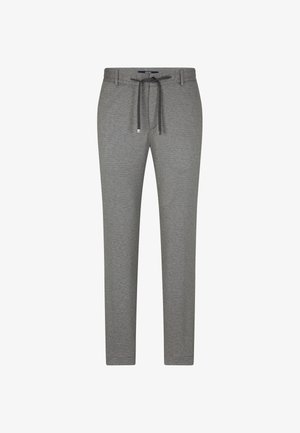 Graue Jogginghosen aus weichem Stoff, mit verstellbarem Bund, schmalem Schnitt und elastischen Bündchen an den Knöcheln. Minimalistisches Design ohne Muster.