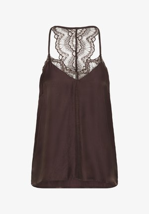 Brązowy top na ramiączkach z koronkowym panelem przy dekolcie, cienkimi regulowanymi ramiączkami i gładką, lekko błyszczącą teksturą materiału.