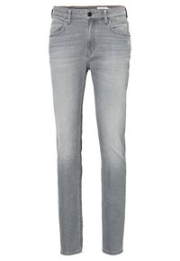 Jeans grigi realizzati in denim, con una vestibilità dritta, leggera scoloritura, classico design a cinque tasche e chiusura con zip e bottone.