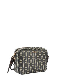 Borsa in pelle nera con motivo floreale in beige. Presenta una chiusura con zip, una tracolla e hardware in tonalità oro. Forma rettangolare.