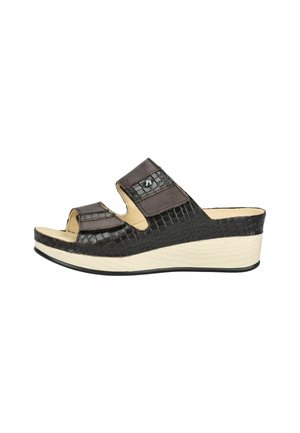 Sandalo zeppa nero con tomaia testurizzata, due cinturini regolabili e suola imbottita beige per comfort e supporto.