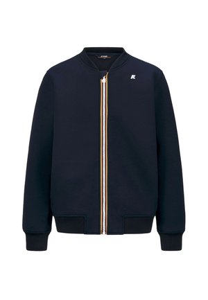 Giacca bomber blu navy con zip frontale, polsini e orlo a coste, con un accento arancione lungo la zip e un logo sul petto.