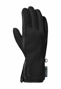 Zwarte handschoenen met een glad, waterproof exterieur, leren accenten, een rits bij de pols en een logodetail langs de zijkant.