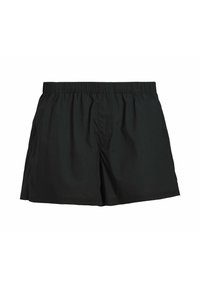 Pantalones cortos negros confeccionados con una tela ligera, con una cinturilla elástica, dos bolsillos laterales y un corte relajado. Sin patrones o acentos visibles.