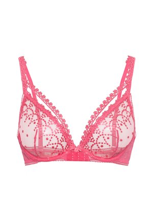 Ροζ δαντελένιο σουτιέν με κεντήματα λουλουδιών, διάφανα πλέγματα στα cups, ρυθμιζόμενους ιμάντες και μπανέλα για υποστήριξη σε λευκό φόντο.