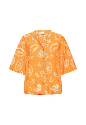 Oranges Kurzarmhemd mit weißen Obst- und Blumenmustern und einem kragenlosen Ausschnitt.