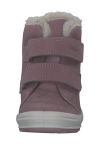 Stivaletti alla caviglia in suede rosa con doppie cinghie in Velcro, fodera in pile e suola in gomma testurizzata, progettati per comfort e calore.