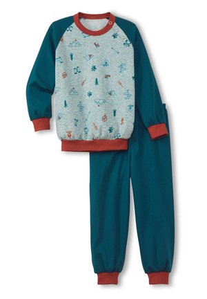 Grijze sweatshirt met teal mouwen en rode accenten, voorzien van een patroon van buitensportgerelateerde iconen. Gecombineerd met teal broek met elastische cuffs.