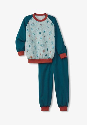 Grijze sweatshirt met teal mouwen en rode accenten, voorzien van een patroon van buitensportgerelateerde iconen. Gecombineerd met teal broek met elastische cuffs.