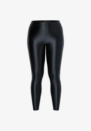 Czarne legginsy wykonane z gładkiego, błyszczącego materiału, z wysokim stanem i dopasowanym krojem, bez widocznych wzorów czy elementów metalowych.