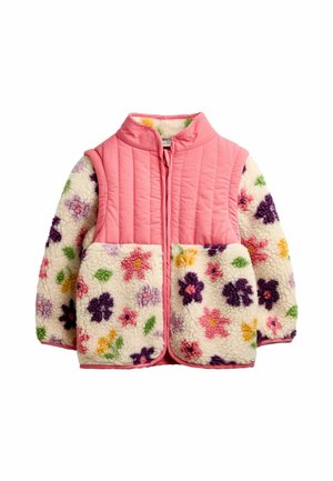 Lyserød quiltet vest med cremefarvede sherpa-ærmer og lommer med lyse flerfarvede blomsterprint og frontlynlås.