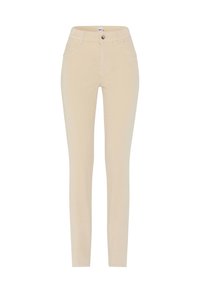 Beige højtaljede skinny jeans med frontknap, lynlås, bæltestropper og to forlommer.