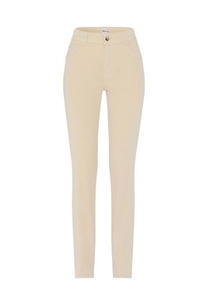 Jean skinny taille haute beige avec fermeture à bouton à l'avant, zip, passants de ceinture et deux poches avant.