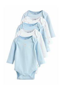 Viis pika varrukaga beebikeha sinistes, valgetes ja triibulistes mustrites, millel on karu motiivid ja alumisel küljel trukkidega sulandumine.