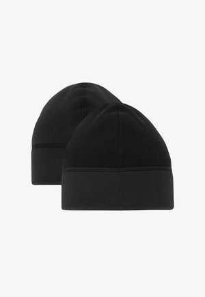 Two black winter beanies with folded cuffs, one in fleece fabric and the other in knit fabric, displayed against a white background.