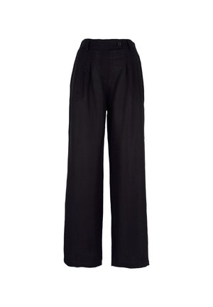 Czarne spodnie o szerokich nogawkach z wysokim stanem, z zapięciem na guzik i plisami dla lepszego stylu. Wykonane z lekkiego materiału.