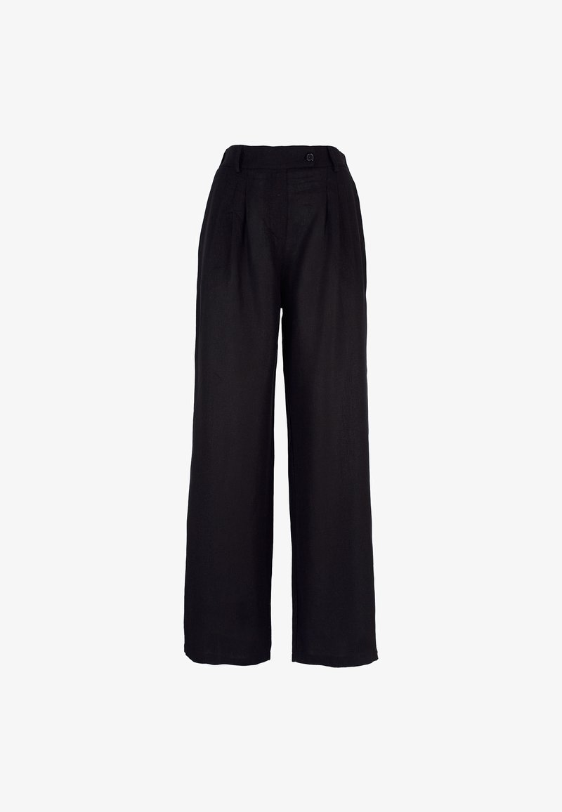 Pantaloni neri a gamba larga con vita alta, caratterizzati da una chiusura con bottone e pieghe per un tocco di stile. Realizzati in un tessuto leggero.