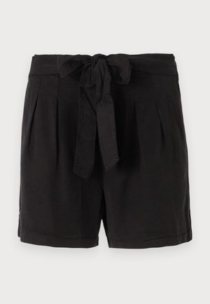 Black cotton shorts with a tie belt at the waist, pleats at the front, and side pockets. Smooth texture and casual design.