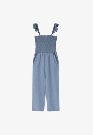 Denim jumpsuit med smocked buste, flæser på stropperne, sidelommer, løse ben og en lyseblå farve med subtil tekstur.