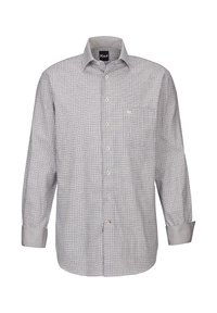 Camicia a maniche lunghe a quadri in grigio e bianco, con colletto a punta, tasca frontale e polsini a contrasto. Tessuto leggero.