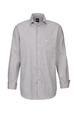Langärmliges kariertes Hemd in Grau und Weiß, mit einem Button-Down-Kragen, Brusttasche und kontrastierenden Manschetten. Leichte Stofftextur.