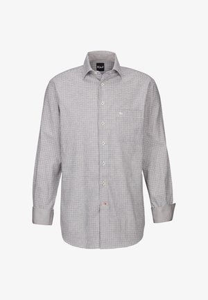 Camicia a maniche lunghe a quadri in grigio e bianco, con colletto a punta, tasca frontale e polsini a contrasto. Tessuto leggero.