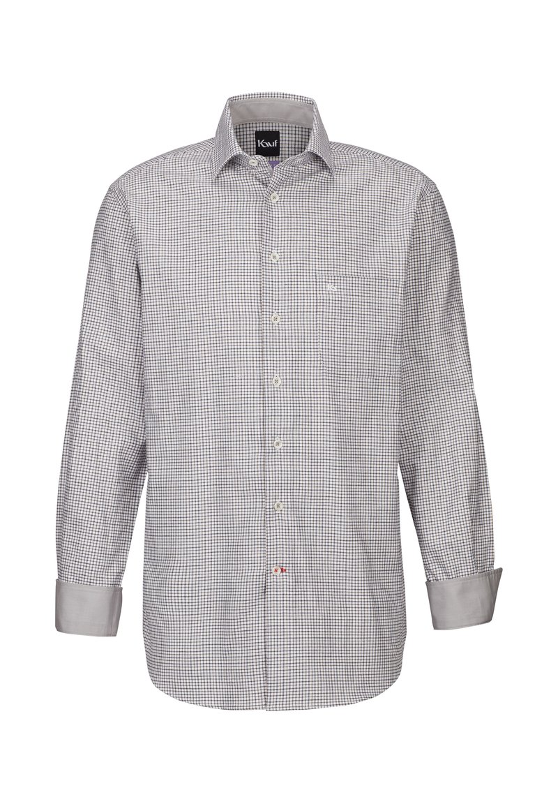 Camicia a maniche lunghe a quadri in grigio e bianco, con colletto a punta, tasca frontale e polsini a contrasto. Tessuto leggero.