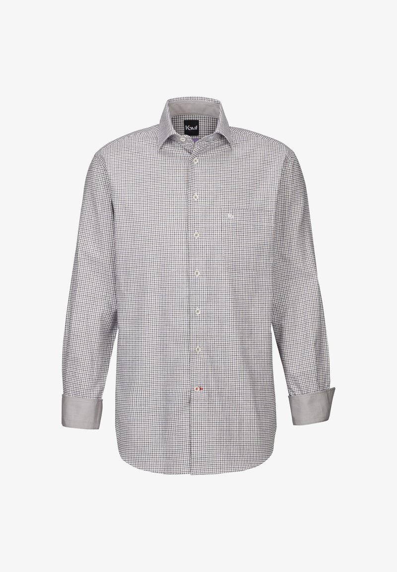 Camicia a maniche lunghe a quadri in grigio e bianco, con colletto a punta, tasca frontale e polsini a contrasto. Tessuto leggero.