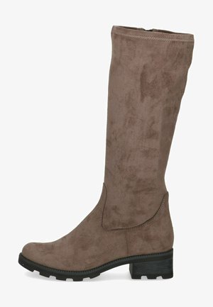 Knee-high brown suede boots with a rounded toe, low block heel, and textured finish, featuring a subtle stitching detail and rubber sole.