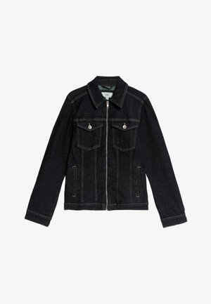 Giubbotto di jeans scuro con due tasche sul petto, chiusura a zip e cuciture a contrasto. Presenta un colletto e maniche lunghe.