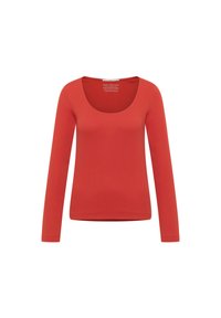 Langärmliges orangefarbenes Oberteil aus Bio-Baumwolle, mit einem U-Boot-Ausschnitt und einer figurnahen Passform mit glatter Textur.