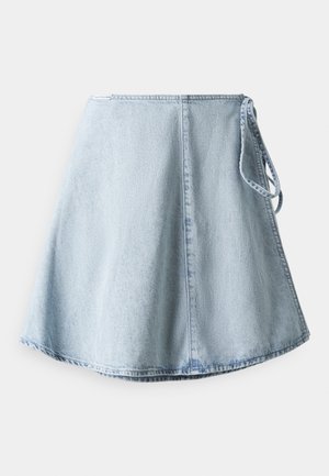Light blue denim skirt with a flared silhouette. Features a side tie closure and clean hem. Fabric has a smooth texture with subtle fading.