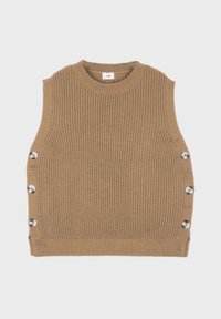 Pull sans manches en tricot de couleur beige, présentant une texture côtelée, un col rond et des boutons en argent sur le côté pour le détail.