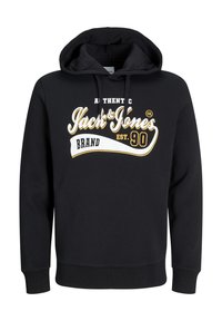 Felpa nera con un grande logo stampato in bianco e oro. Presenta un cappuccio con cordino, polsini a costine e un design dalla vestibilità standard.