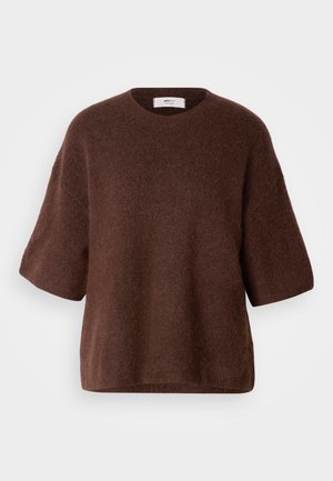 Maglione marrone lavorato a maglia in tessuto morbido, con collo rotondo, maniche corte e vestibilità comoda. Finitura testurizzata con una superficie liscia.
