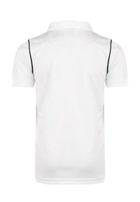 Weißes Poloshirt mit kurzen Ärmeln, mit schwarzem Piping entlang der Schulternähte. Hergestellt aus glattem, leichtem Stoff.