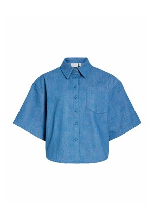 Blå kortermet skjorte med knapper, vide ermer, spiss krage, enkelt brystlomme og subtil blomstertekstur.