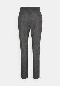 Gray, woven pants with a textured houndstooth pattern, elastic waistband, straight legs, and two back pockets.