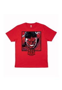 Red cotton t-shirt featuring a graphic of a muscular character with dark hair, red skin, and a fierce expression. "RED HULK" is printed below.