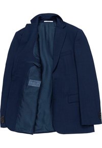 Navy blue blazer made of textured fabric with a notch lapel, single button closure, and patterned lining. Features a chest pocket and two side pockets.