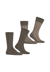 Zwei Paar braune gerippte Socken mit einem kontrastierenden Streifendesign und einem einfarbigen Bündchen, hergestellt aus einem weichen, strukturierten Material.