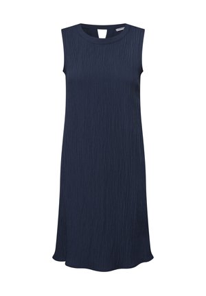 Robe sans manches bleu marine avec une surface texturée, longueur genou, col rond et une petite ouverture en forme de clé à l'arrière.