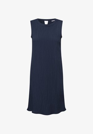 Abito senza maniche blu navy con superficie texturizzata, lunghezza al ginocchio, scollatura rotonda e una piccola apertura a goccia sul retro.