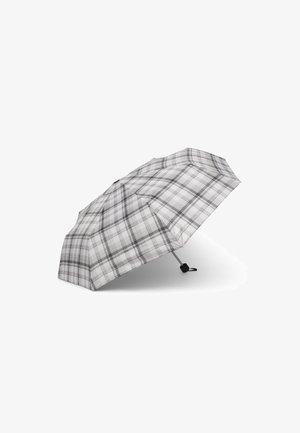 Kompaktowa parasolka w jasnoszaro-czarną kratkę, z metalową ramą i plastikową rączką. Pokrycie ma gładką, lekko błyszczącą fakturę.