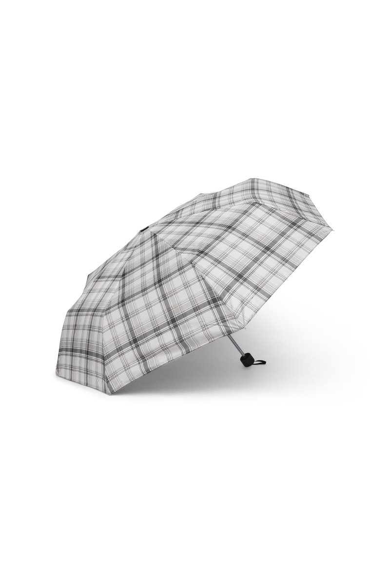 Kompaktowa parasolka w jasnoszaro-czarną kratkę, z metalową ramą i plastikową rączką. Pokrycie ma gładką, lekko błyszczącą fakturę.