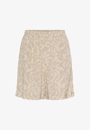 Beige shorts with an abstract white pattern, elastic waistband, and pleated design, made from lightweight fabric.